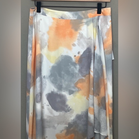 DKNYC Asymmetrical Watercolor Wrap Skirt in Orange, Gray & Yellow Sz 6 NWT - Picture 8 of 17